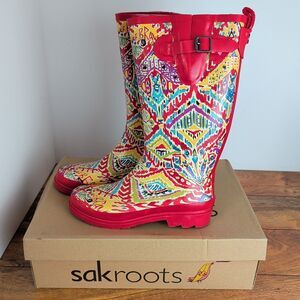 Sakroots Rhythm Red Floral Women Size 8 Tall Rubber Rain Mud Boots Water Proof